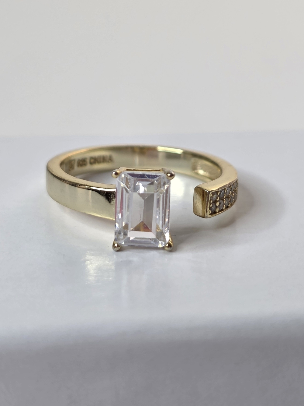 14k Gold Over .925 Sterling Silver Open Cuff Ring W/Emerald CZ & Pave' Stones 6